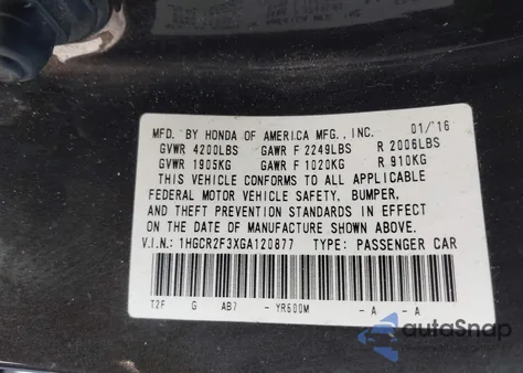 2016 Honda Accord Lx из США, поврежденный, VIN 1HGCR2F3XGA120877